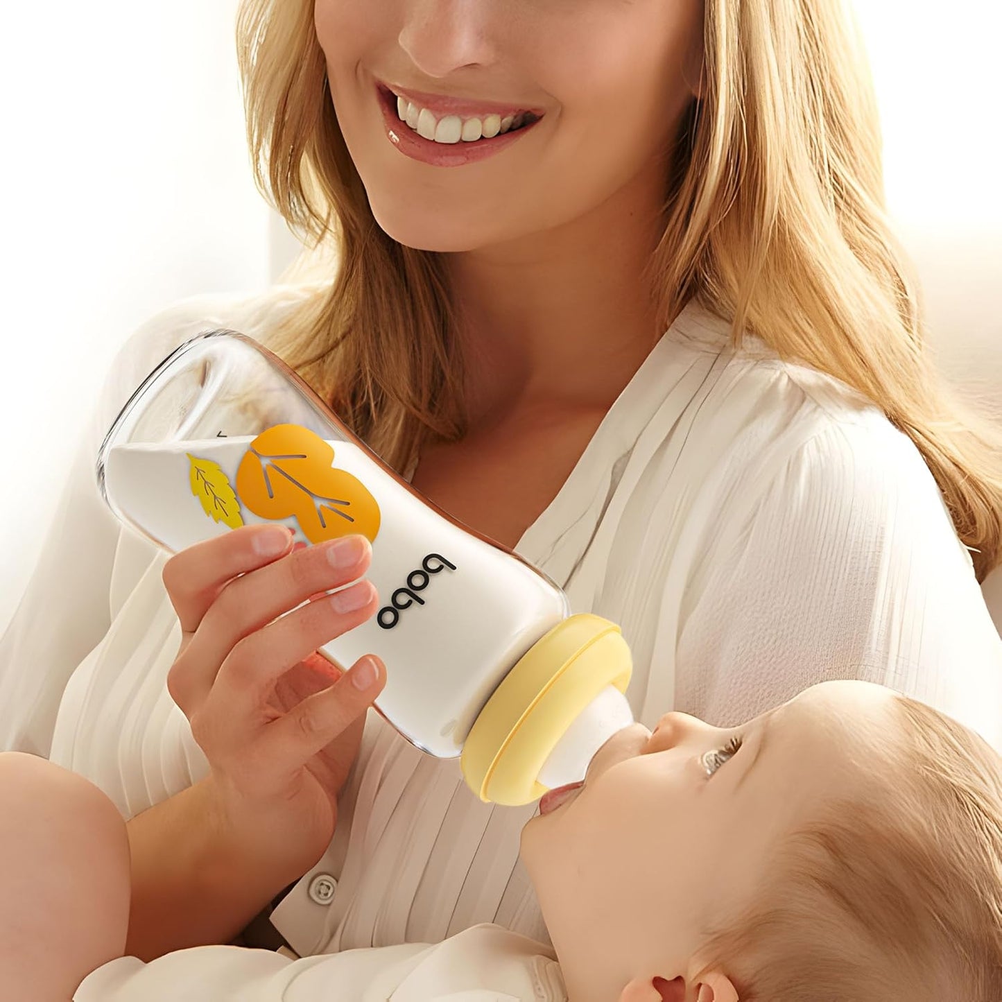 YOHKOH Natural Glass Baby Bottle with Natural Response Nipple, Newborn Anti-Colic Baby Bottles, Wide Neck Mushroom Cap Baby Bottle, Clear (8.8oz (Pack of 2), Yellow)