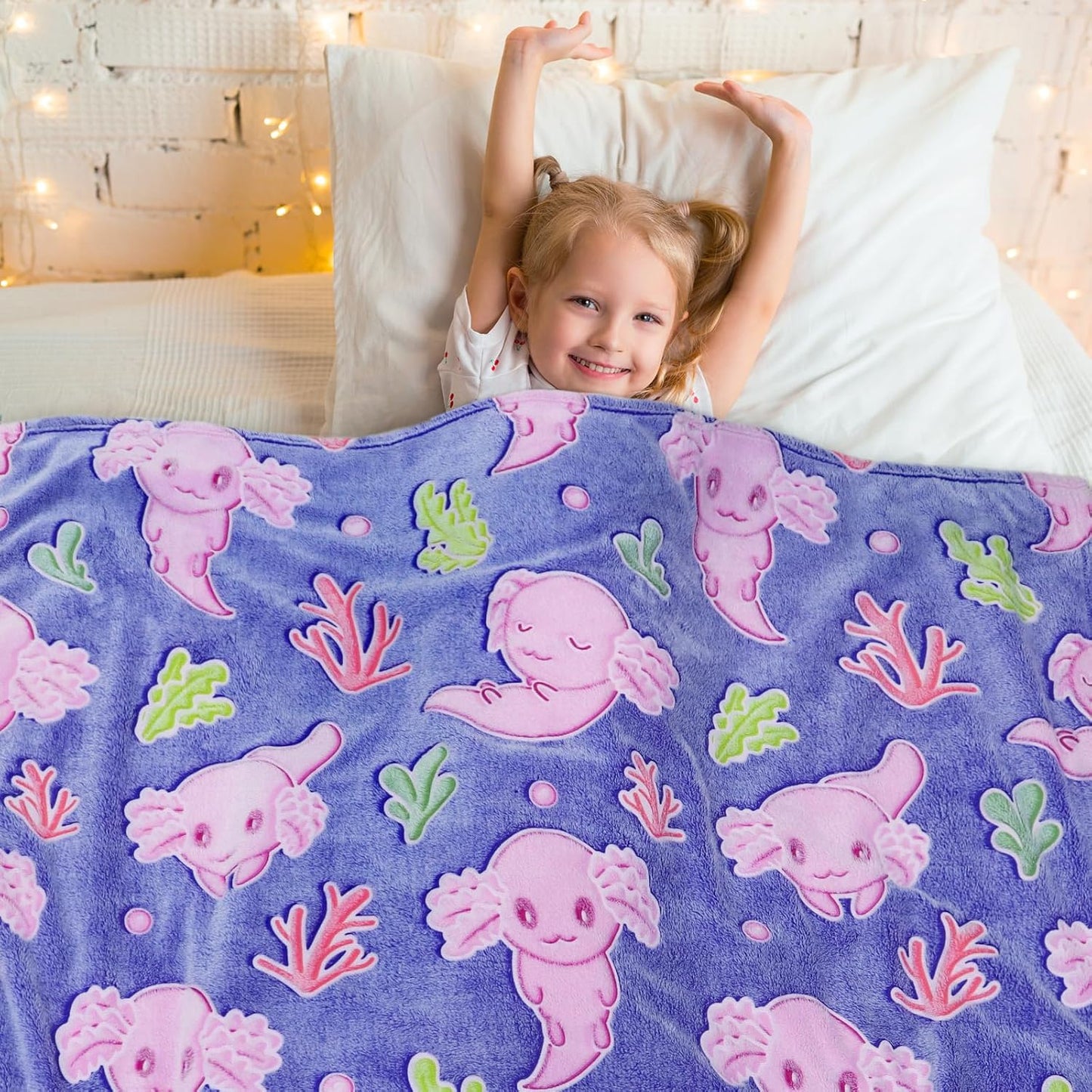 Cute Axolotl Blanket Glow in The Dark Blanket Axolotl Gifts Toys for Girls Birthday Axolotl Room Decor 60"x80"