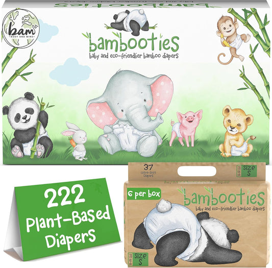 Bamboo Baby Diapers, Totally Chlorine Free for Sensitive Skin for Newborns to XXL. Hypoallergenic & Non Toxic Eco Friendlier Plant-Based Materials. TCF Small Size 1 to 2 (222 ct)