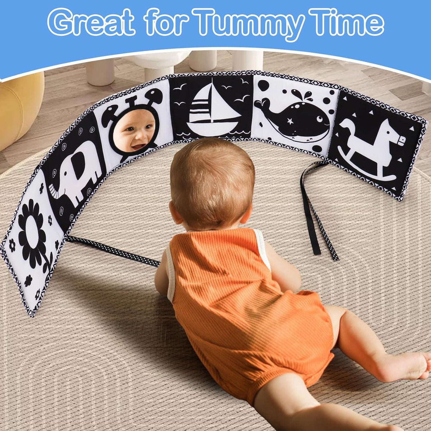 Black and White High Contrast Toys for Baby 0-3 3-6 months Infant Tummy Time Soft Book Sensory Musical Toy 0-2-4-6 month Babies Brain Development Montessori Crinkle Book Mirror Newborn Shower Gifts
