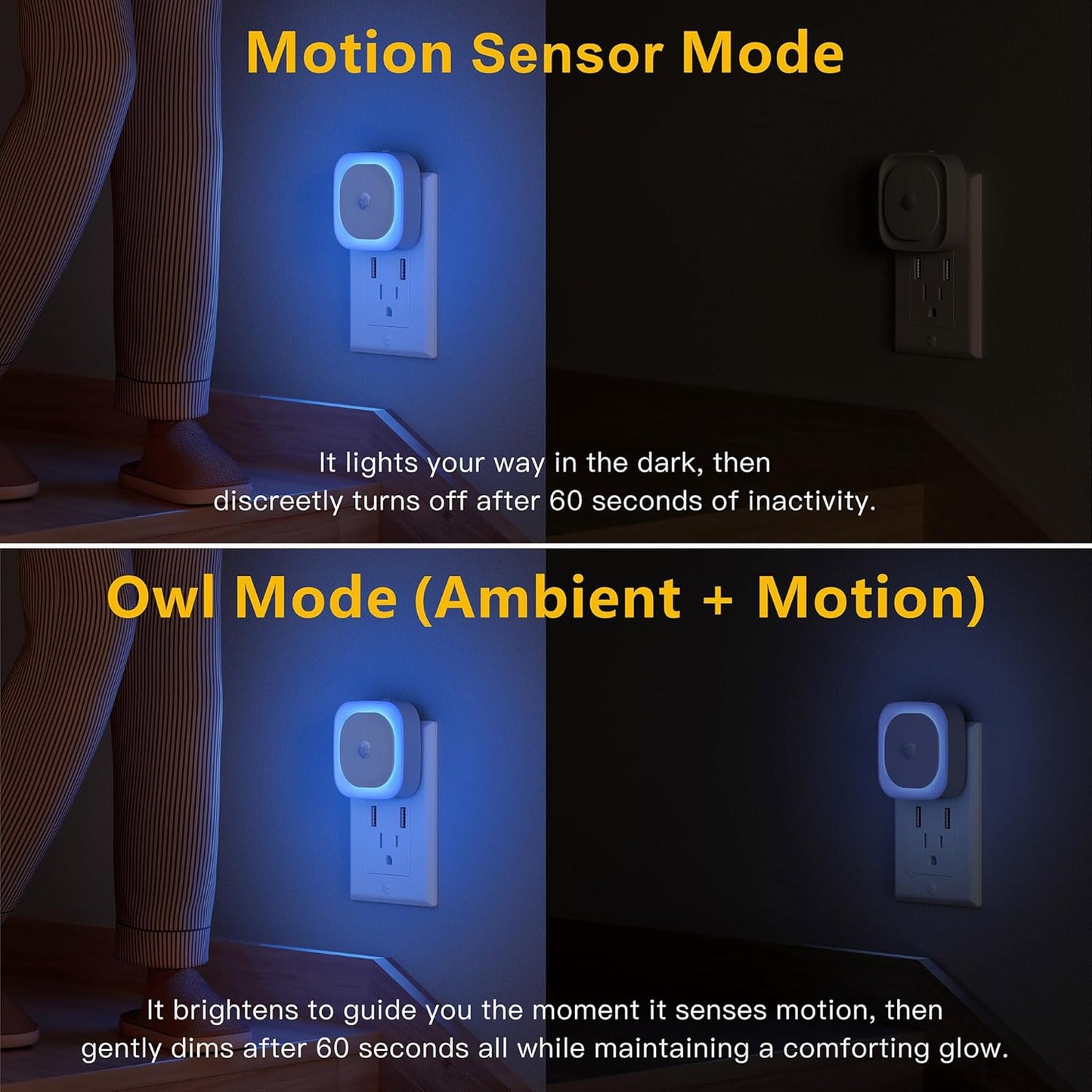 2 Pack Plug in Night Light with Motion Sensor & Dusk to Dawn Sensor, 3 Sensor Modes, Auto ON/Off, Dimmable, Night Lights Plug into Wall for Bathroom, Kitchen, Adults, Indoor, Light Blue