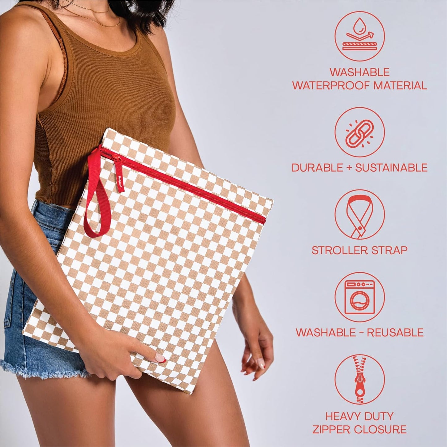 Bodysurf Waterproof Wet Bag for Swimsuit, Travel, Baby Essentials - Reusable Compact Organizer & Lightweight Storage for Dirty Laundry, Cloth Diapers, Gym, Yoga, Beach, Pool - Tan, Checkered