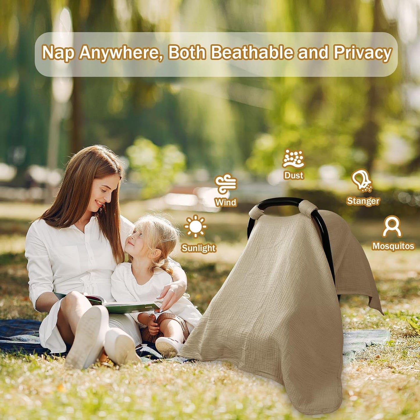 Hooyax 2-in-1 Baby Car Seat Cover & Nursing Cover, 100% Muslin Cotton, Breathable Car Seat Canopy and Privacy Breastfeeding Cover, Brown
