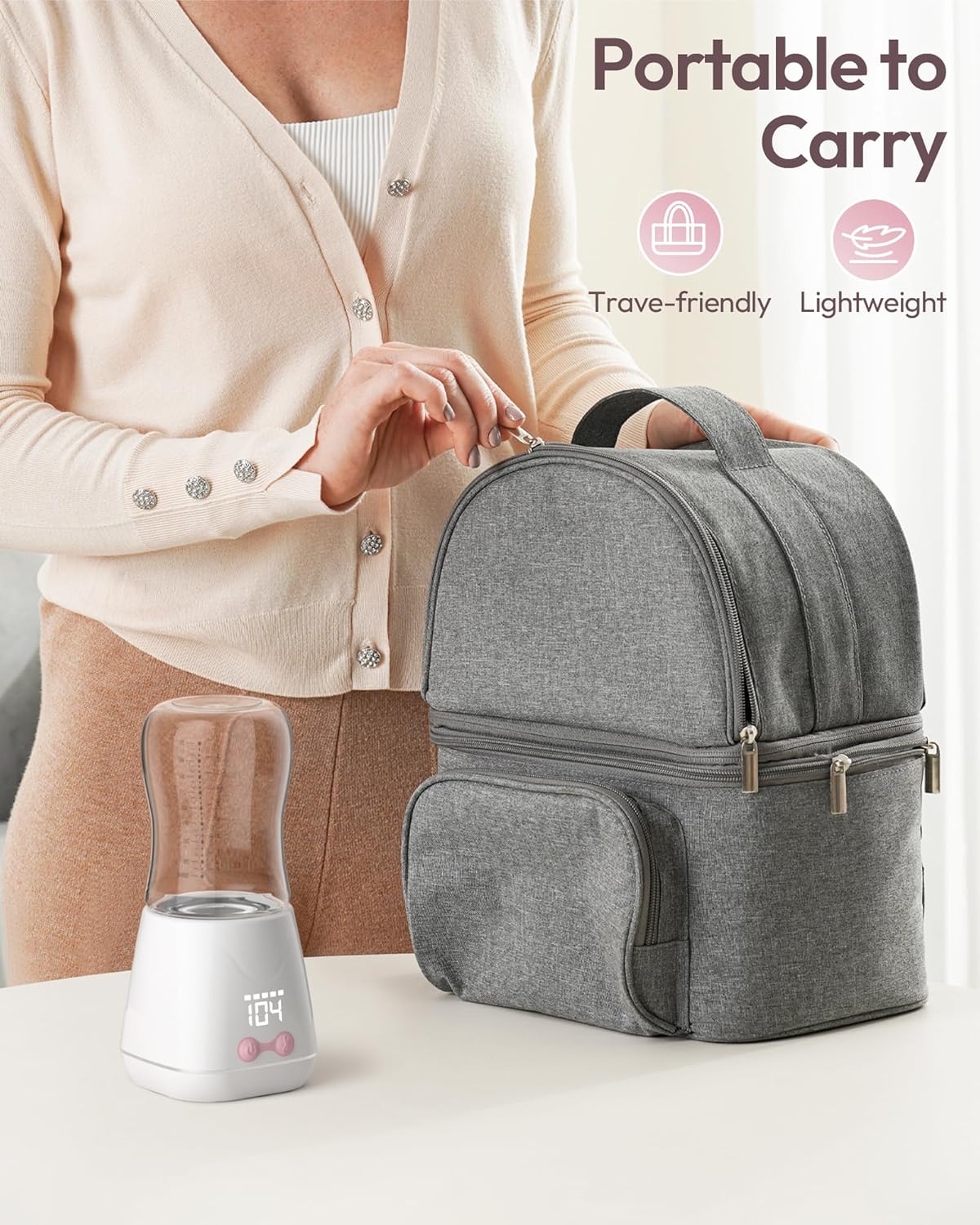 Portable Bottle Warmer, w-maxa Fast Baby Bottle Warmer for Travel with Glass Bottle & 4 Adapters, Rechargeable Bottle Warmer On The Go with Precise Temperature Control for Breastmilk, Formula