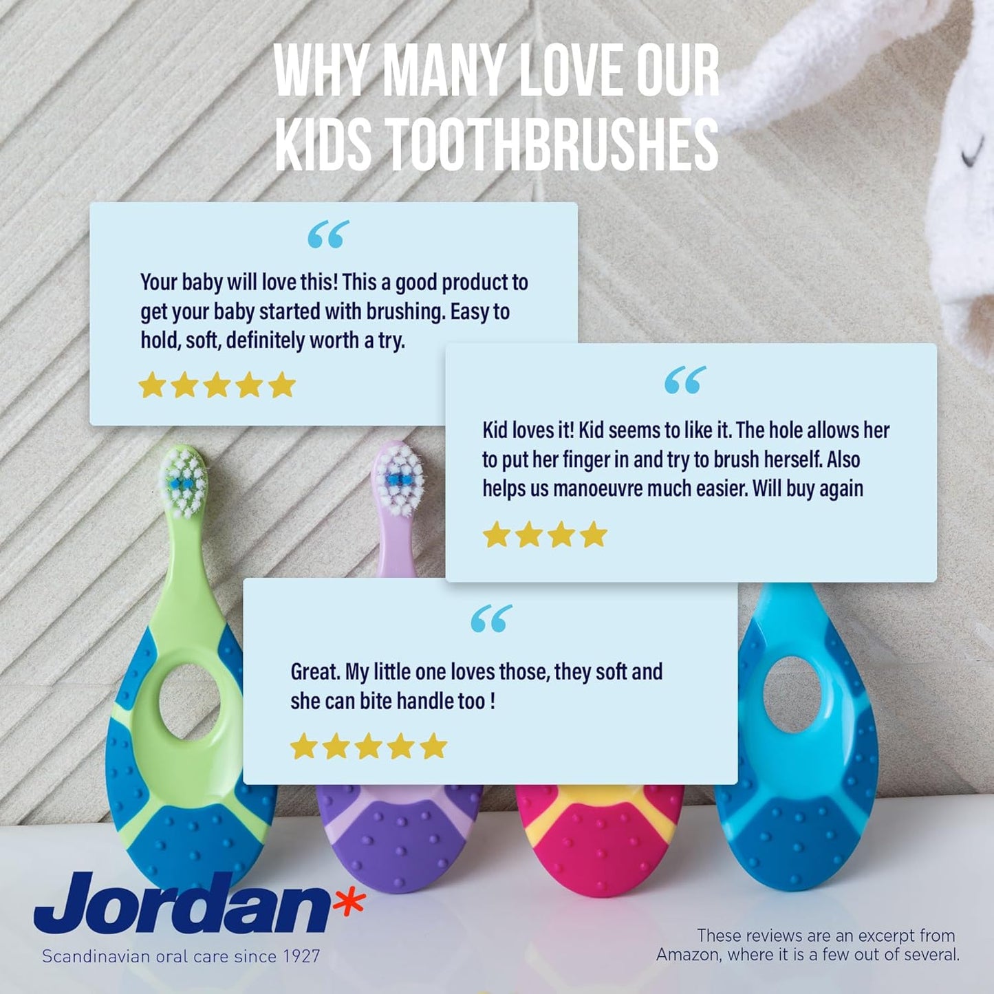 Jordan* ® | Step 1 Baby Toothbrush | 0-2 Years, Soft Bristles, BPA Free | Pink & Purple | 4 Pack