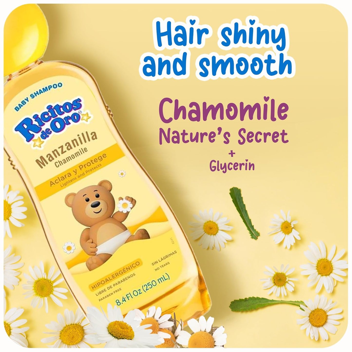 Ricitos de Oro Baby Shampoo with Chamomile, Paraben Free, Natural Lightening & Conditioning, Tear Free, Hypoallergenic, Kids Hair Care, 8.4 Fl Oz, 3-Pack