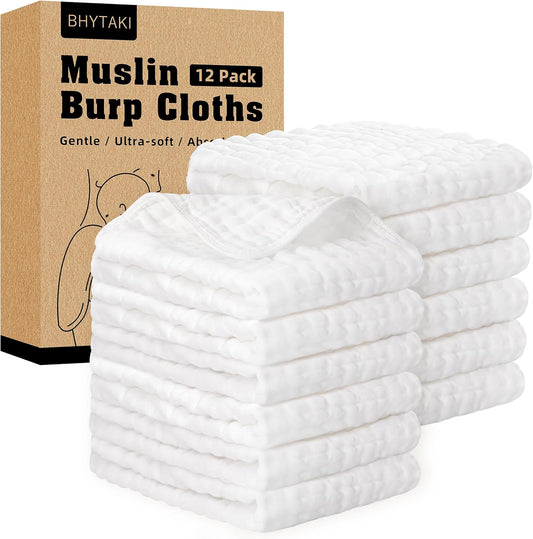 BHYTAKI 12-Pack Muslin Burp Cloths for Baby Boys & Girls, 20"X10" Essentials Large 100% Cotton Burp Rags, 6 Layers Extra Absorbent and Soft burping Cloths for Babies (White)