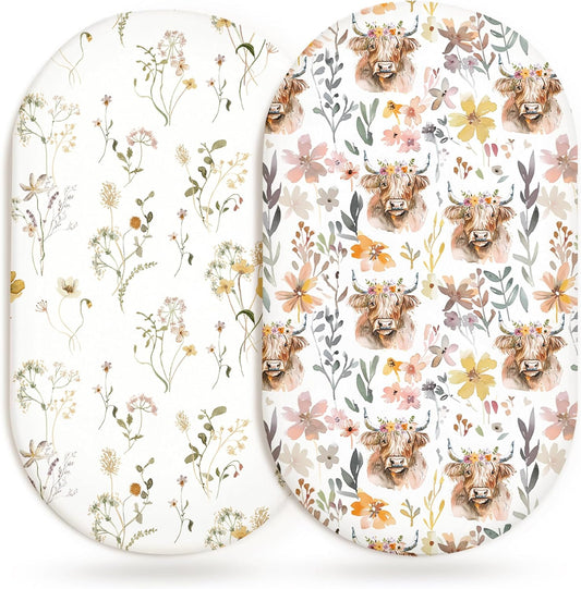 Bassinet Sheets for Baby Girls Boys 2 Pack, Fitted Baby Mattress Sheet for Rectangle, Oval, Hourglass Bassinet Mattress, Breathable Cozy & Universal Fit (Cottage Cow)