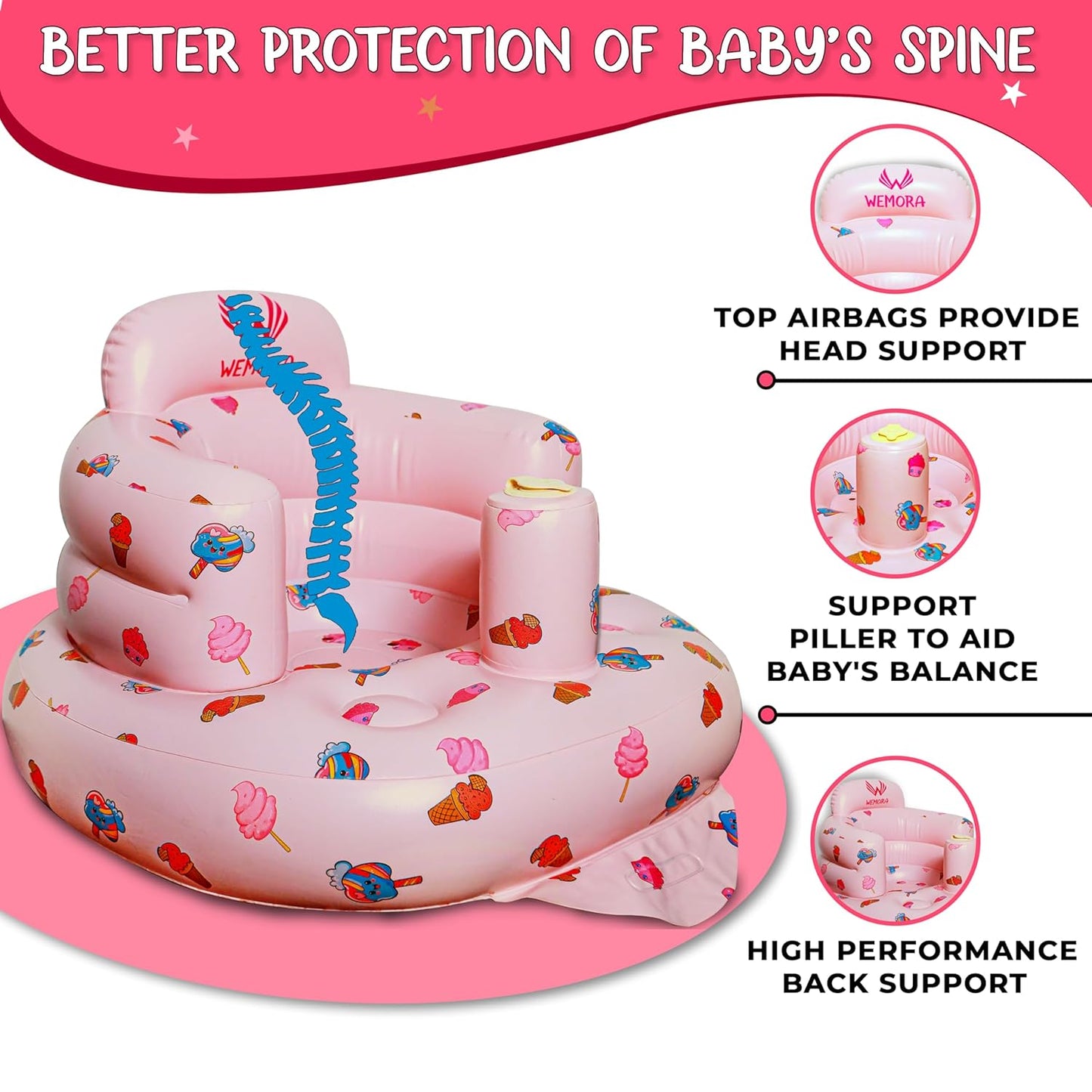 Inflatable Baby Seat for Babies 3-36 Months Blow Up Chair for Babies Infants Toddler Floor Sitting Up with Built in Air Pump (Pink, Ice Cream)