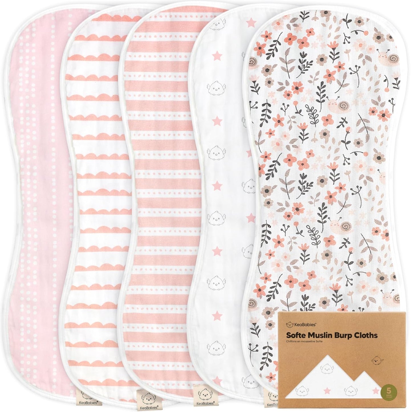 5-Pack Muslin Burp Cloths Baby Boy, Girl - Very Absorbent Baby Burp Cloth Rags, 8-Layers Viscose Derived from Bamboo Cotton Muslin Towel, Super Soft Spit Up Rags, No Shrink Washcloths (Sweet Charm)