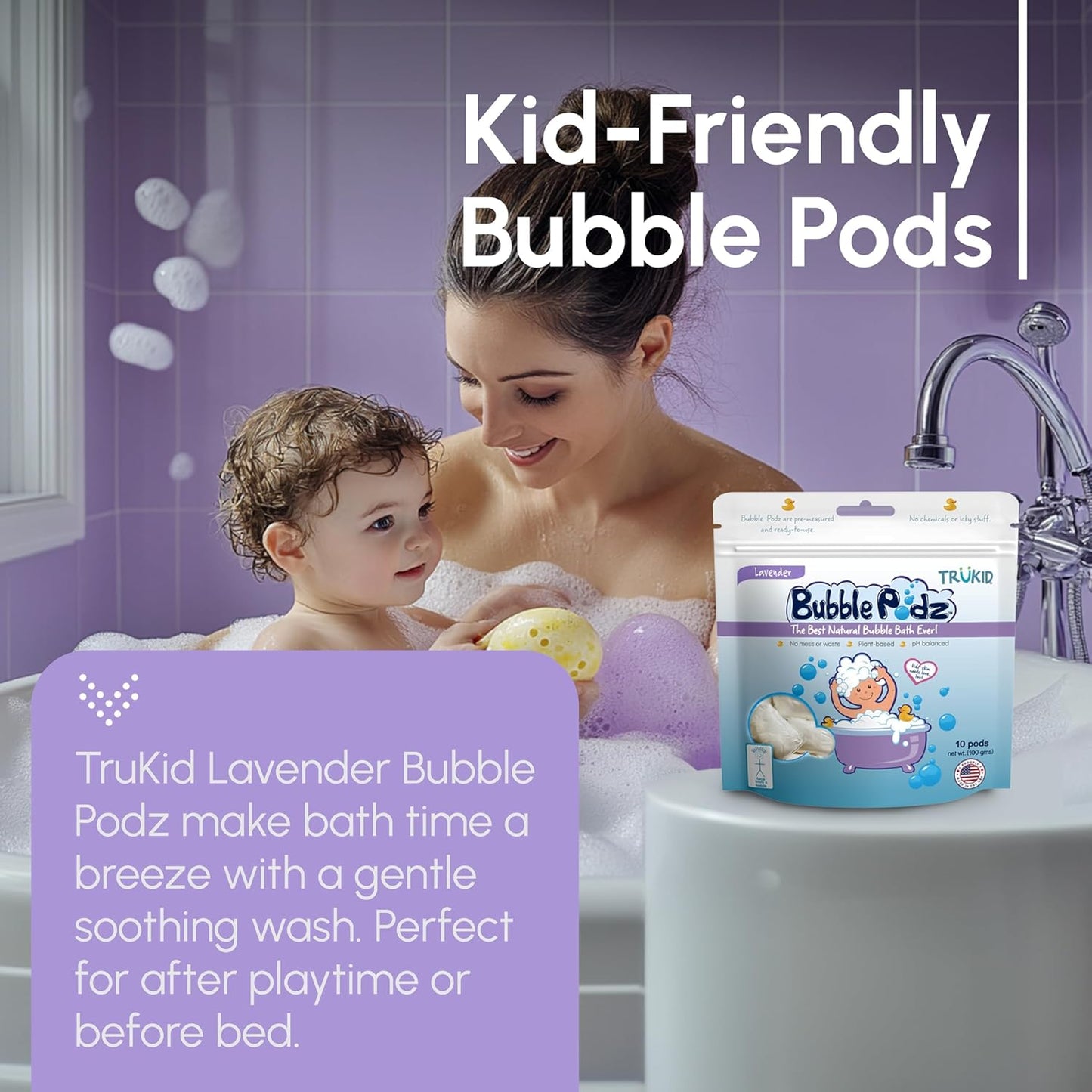 TruKid Lavender Bubble Podz with Baby Skin Cream – Calming Bath and Moisture Bundle for Kids and Toddlers