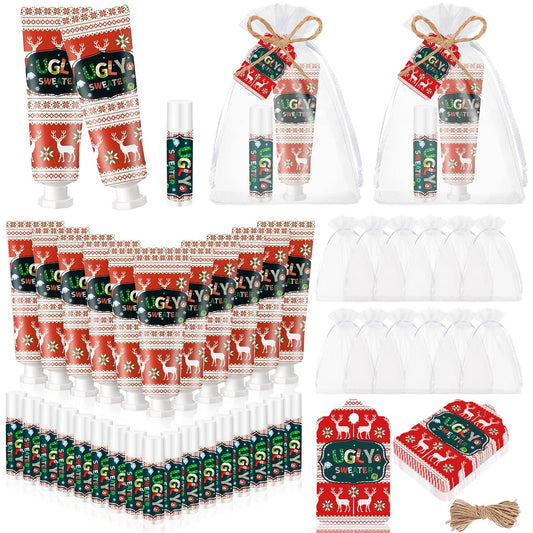 24 Sets Christmas Ugly Sweater Baby Shower Hand Cream and Lip Balm Gift Christmas Party Favors Travel Size Hand Lotion and Lip Balm Bulk Winter Wedding Bridal Shower Party Supplies for Guest