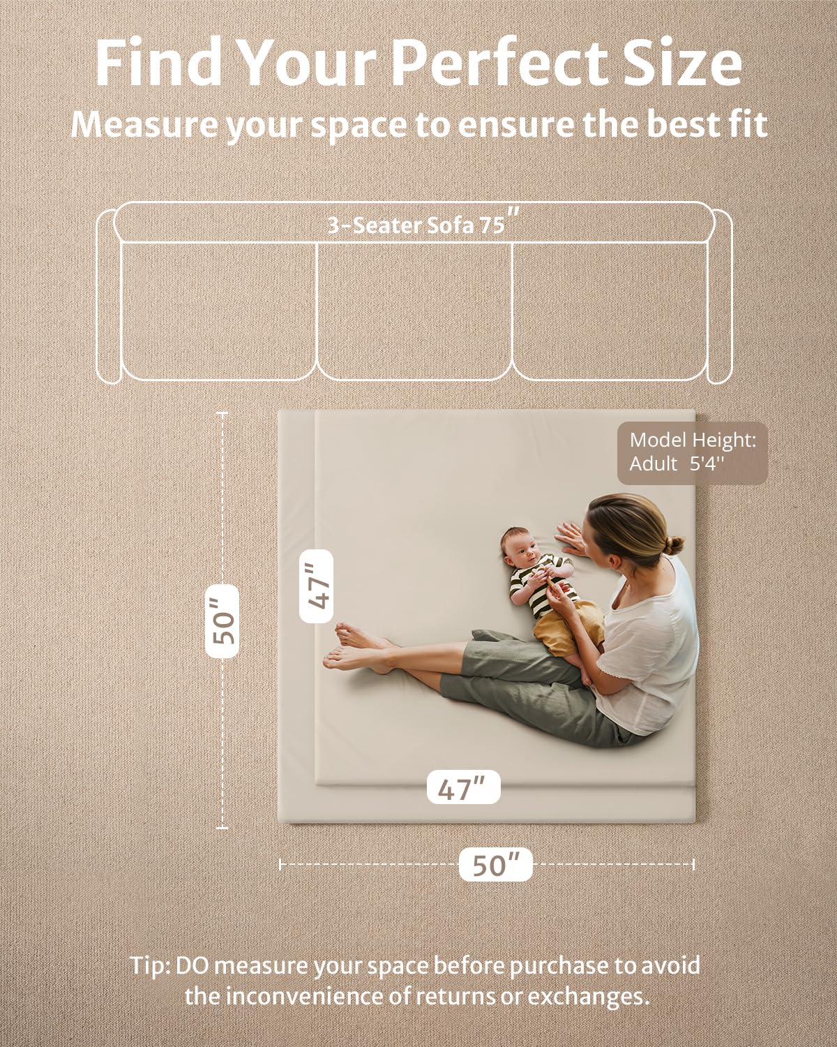 Blissful Diary Vegan Leather Baby Play Mat, 50x50 Thick Foam Cushioned & Waterproof Playpen Mat for Infants and Toddlers, Stylish and Just Wipe-Clean Playmat for Baby Play on Floor, Beige
