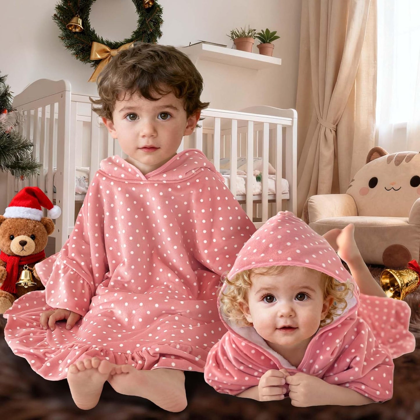VOOVA & MOVAS Baby Hooded Towel Poncho with Ruffle Trim | Soft 100% Cotton | Absorbent Thick Towel for Bath, Swim, Beach & Winter | Cozy, Pink White Dot