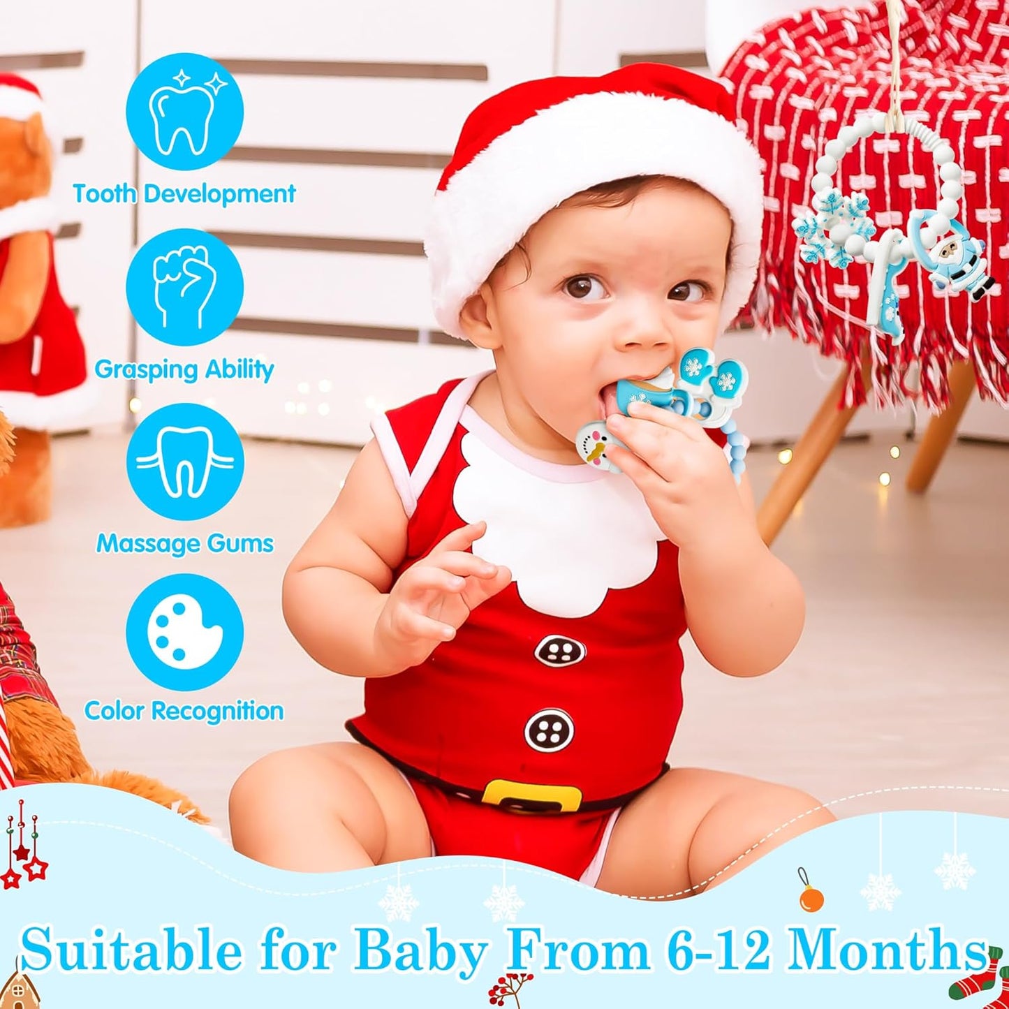 2Pcs Christmas Baby Silicone Teething Toys - Santa and Sleigh Ring, Soft Snowman Snowflake Teether for Toddlers - Chew Toy Gifts for Baby Boys and Girls