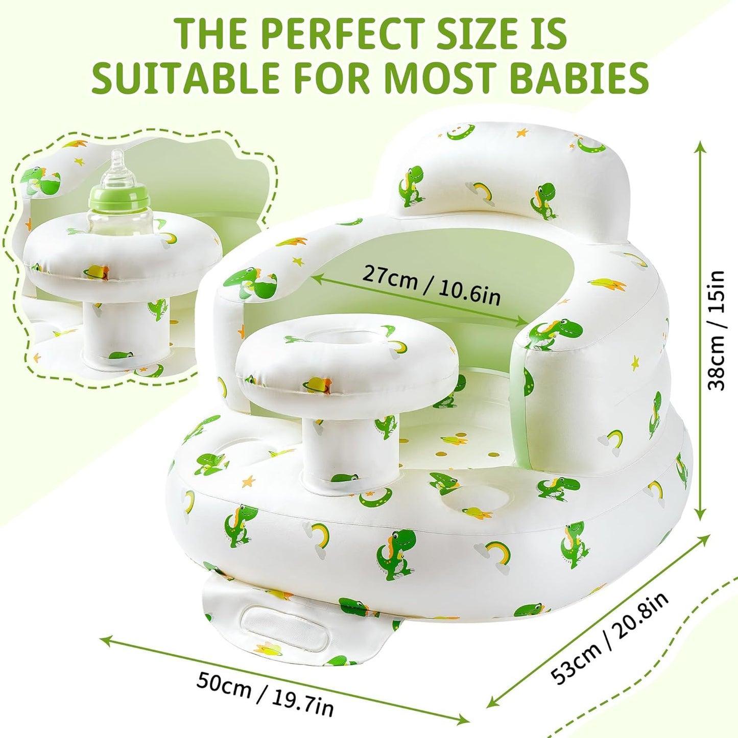 Inflatable Baby Seat with Tray, Comfortable Sit Me Up Baby Chair for Learning to Sit, Built in Air Pump Blow Up Floor Seat with Back Support 3 Months & Up (Dinosaur with Tray)