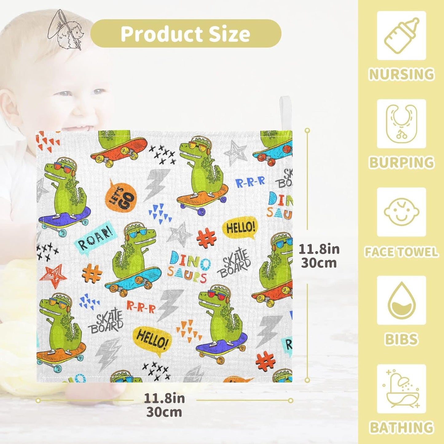 Funny Dinosaur Skateboarding Baby Muslin Washcloths Cartoon Animal Dino Burp Cloths Soft Absorbent Baby Wash Cloth Fingertip Face Towels for Newborn Boys Girls 12 x 12 in, 3 Pack