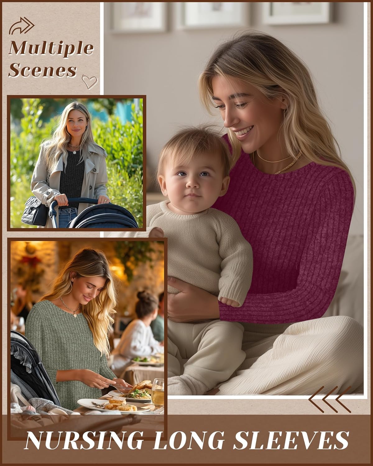 3 Pack Women's Nursing Long Sleeve Tops Breastfeeding Thermal Sweaters with Hidden Zipper Maternity Ribbed Shirts