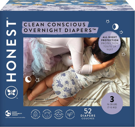 The Honest Company Clean Conscious Overnight Diapers for Sensitive Skin, Hypoallergenic Fragrance-Free Baby Diapers, Cozy Cloud and Star Signs Design, Club Box, Size 3 (16–28 lbs), 52 Count