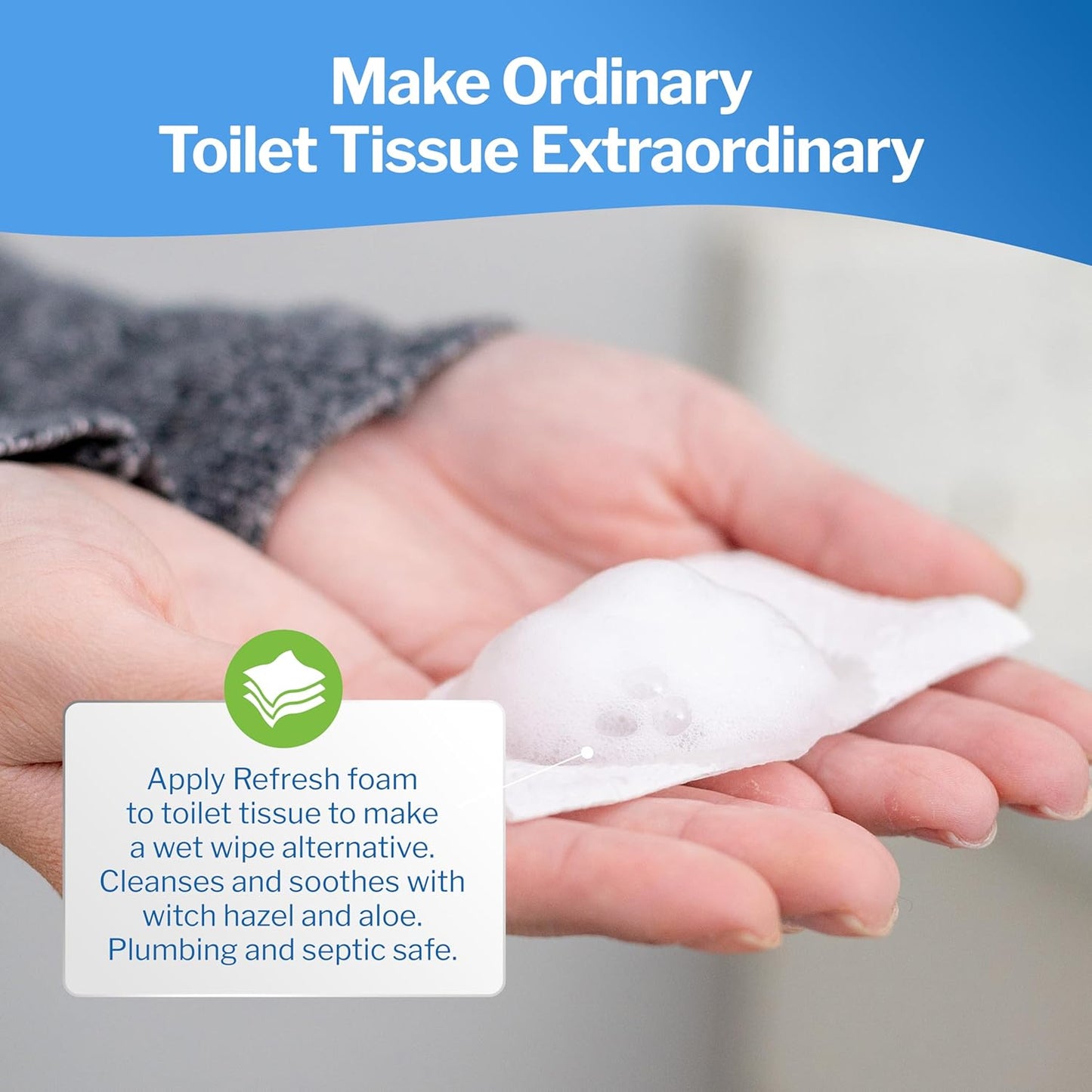 Refresh Liquid Wipe Toilet Paper Foam | Eco-Friendly Flushable Wet Wipe Alternative for Sensitive Skin | Cleanses and Soothes with Witch Hazel and Aloe | Plumbing Safe | Alcohol Free | 50ml | 3 Pack