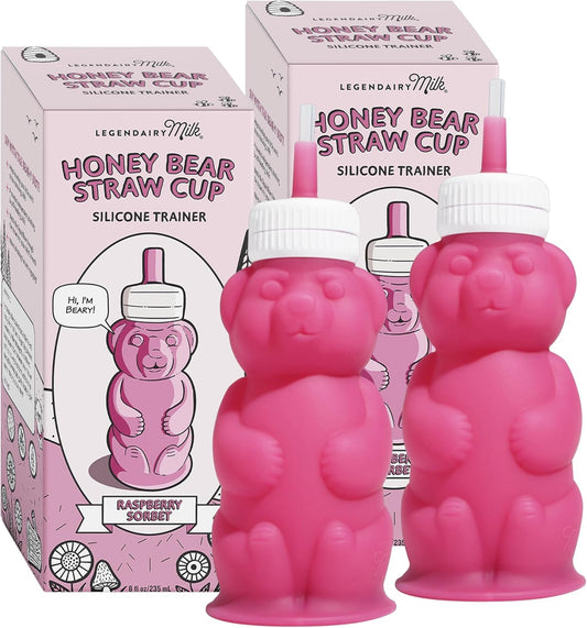Legendairy Milk Honey Bear Straw Cup Silicone for Babies (Pink), 8 oz. Dishwasher Safe Baby Straw Cup, Food Grade Silicone, Honeybear Sippy Cup for Ages 4+ Months (Pack of 2)