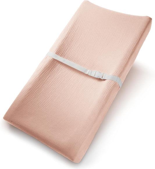 Comfy Cubs Muslin Fitted Changing Pad Cover - Soft, Breathable & Washable 100% Cotton Fitted Sheet for Baby's Comfort - Universal Fit for Flat & Curved Baby Changer Pad - Blush