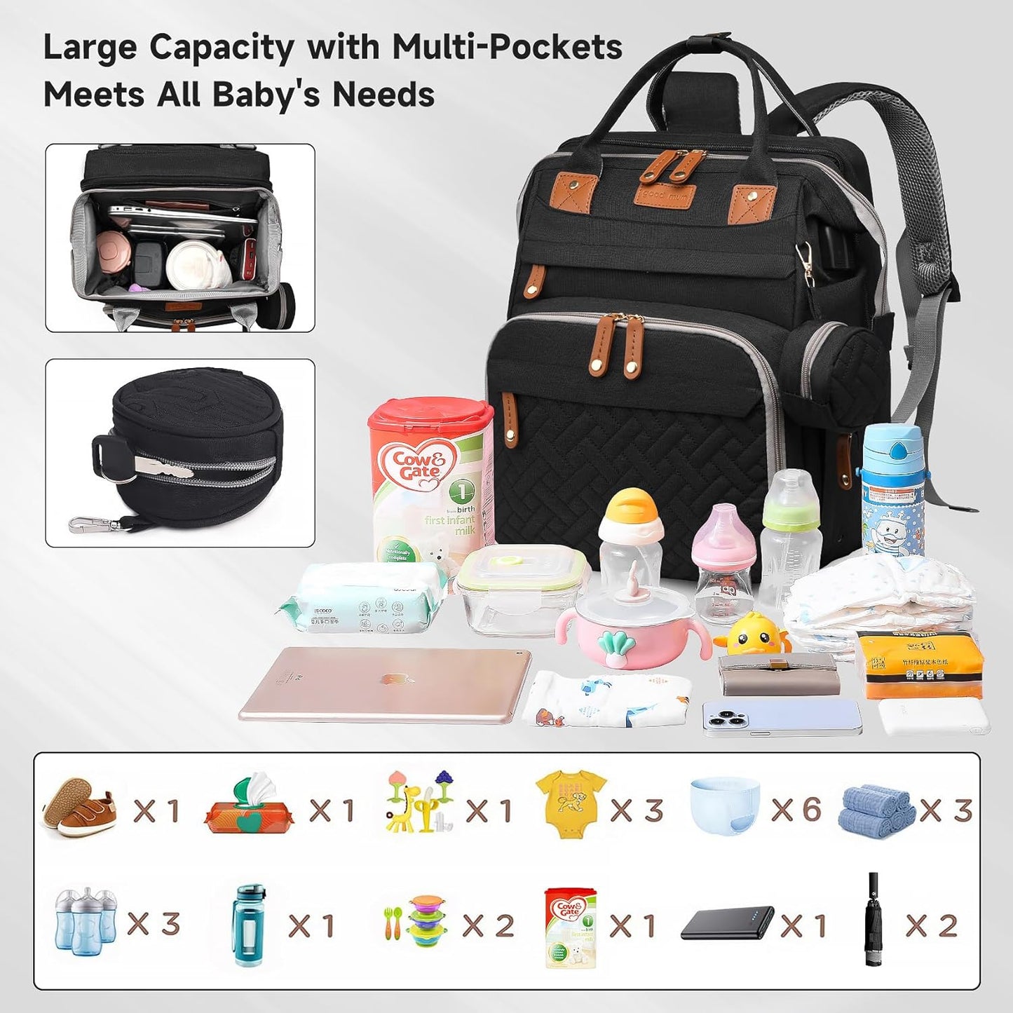 Baby Diaper Bags with Changing Station, Large Capacity Diaper Bag Backpack for Moms Dads with USB Charging Port,Travel Baby Bag with Pacifier Case & Stroller Straps(Up-Black)