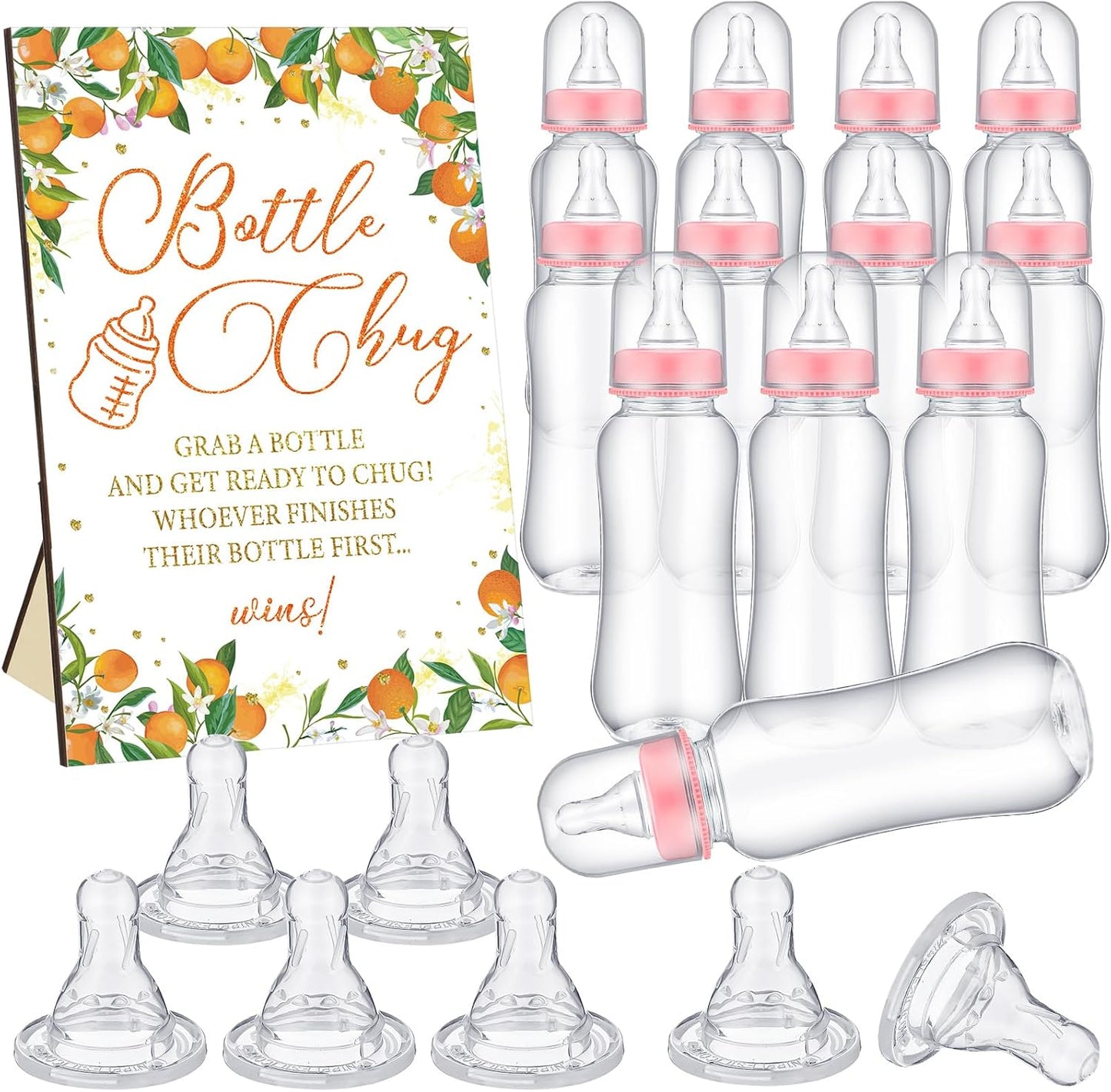 TrelaCo Little Cutie Cool Baby Shower Games Bottle Chug Sign Wooden Orange Theme Gift Sets Gender Reveal Party Favors and 12 Pcs Baby Bottle Shower Favor for Games Gender Reveal