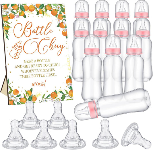 TrelaCo Little Cutie Cool Baby Shower Games Bottle Chug Sign Wooden Orange Theme Gift Sets Gender Reveal Party Favors and 12 Pcs Baby Bottle Shower Favor for Games Gender Reveal