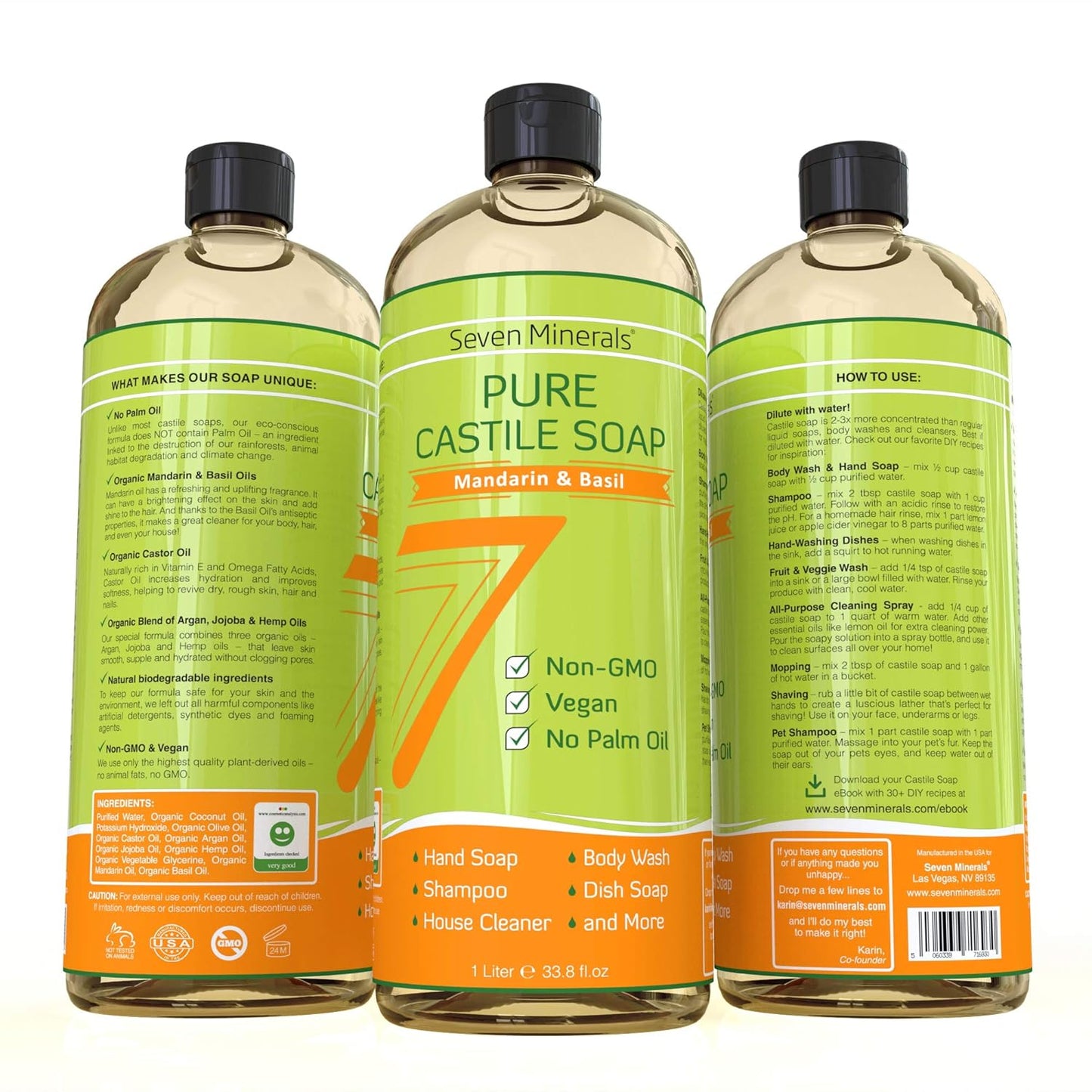 Pure Castile Soap, Mandarin Basil - No Palm Oil, GMO-Free - Gentle Liquid Soap For Sensitive Skin & Baby Wash - All Natural Vegan Formula with Organic Carrier Oils (33.8 fl oz)
