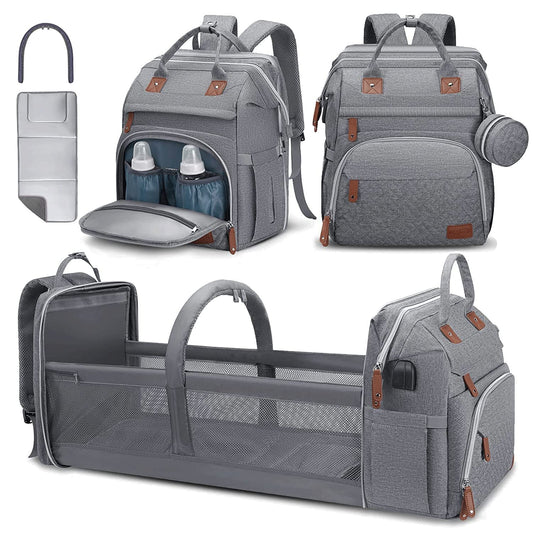 DERJUNSTAR Diaper Bag Backpack – Large Capacity Baby Diaper Bag with Changing Pad, Waterproof Travel Backpack for Boys & Girls, Multi-Function Baby Bag with USB Charging Port, Grey