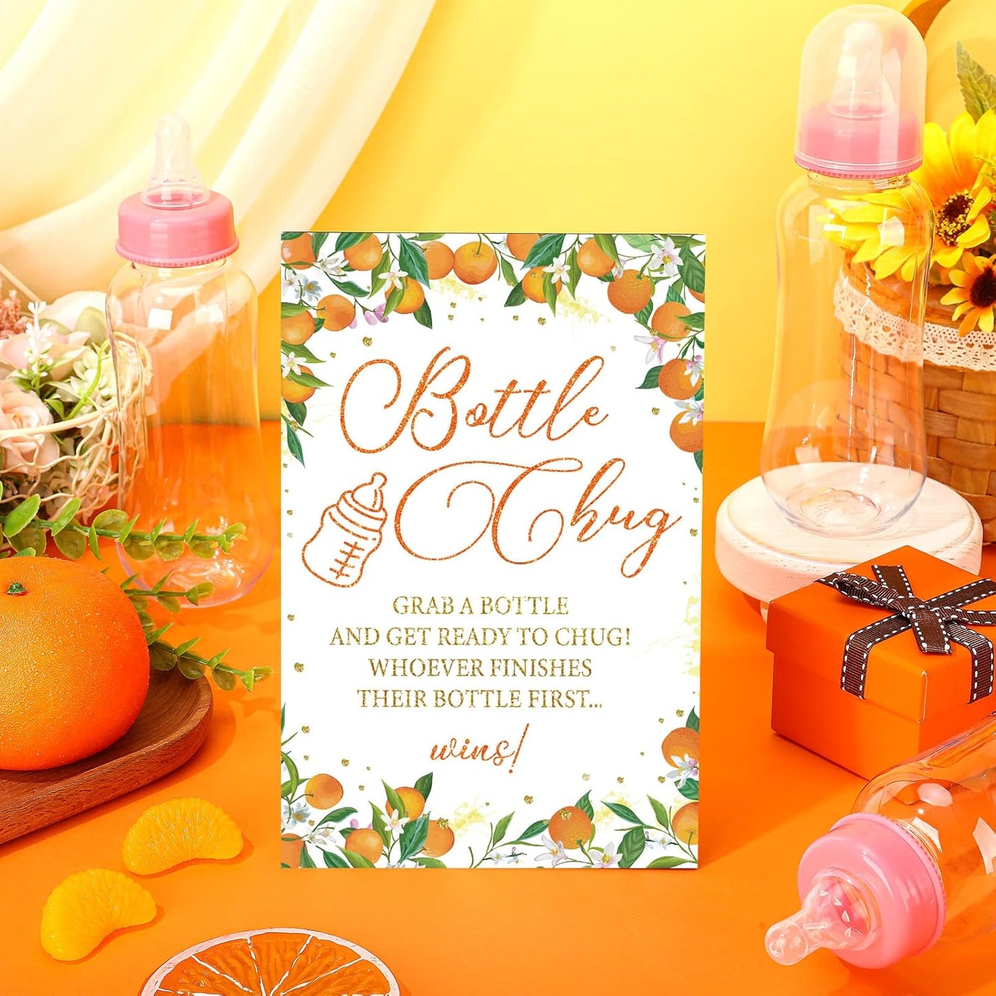 TrelaCo Little Cutie Cool Baby Shower Games Bottle Chug Sign Wooden Orange Theme Gift Sets Gender Reveal Party Favors and 12 Pcs Baby Bottle Shower Favor for Games Gender Reveal