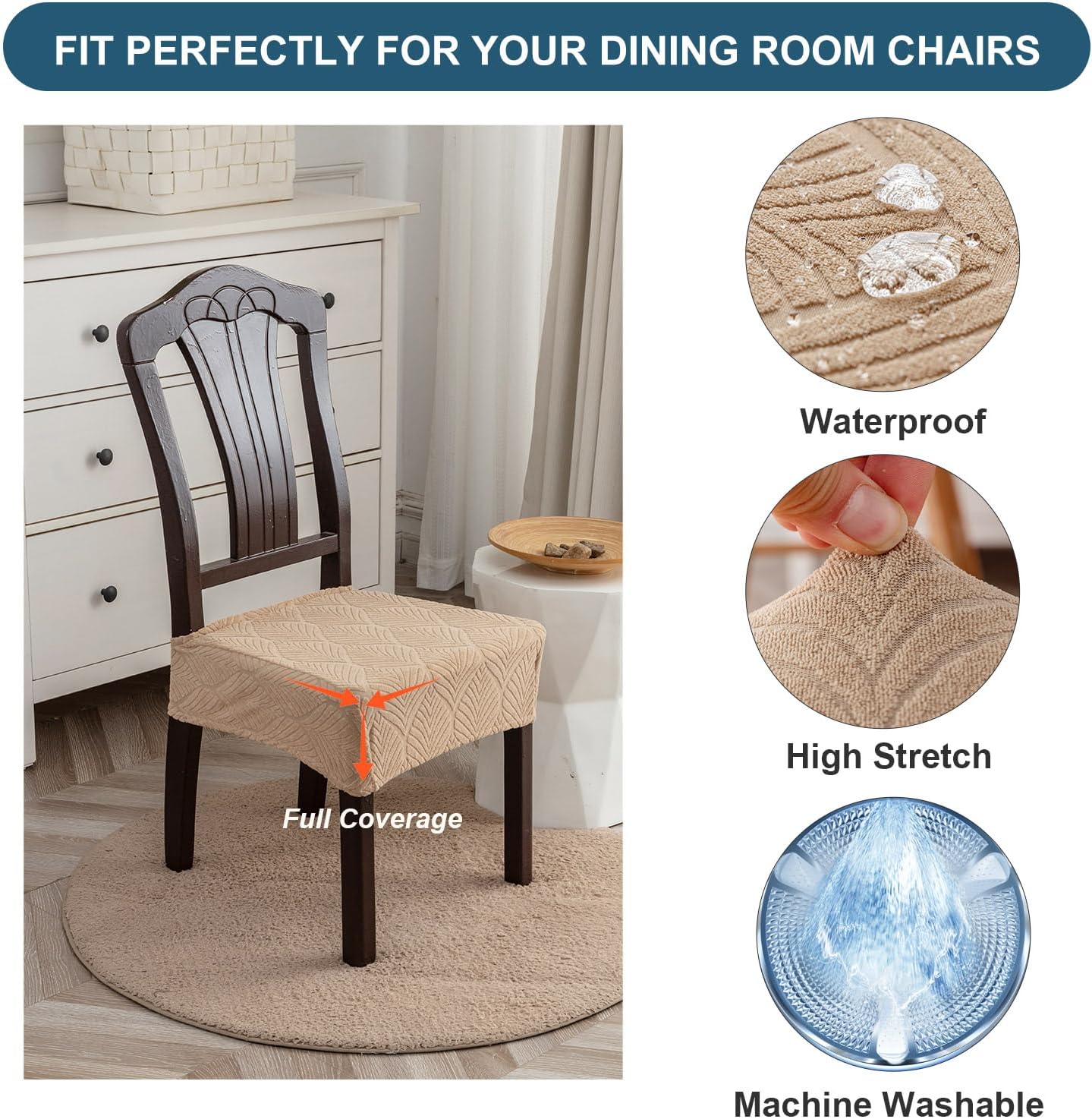 Removable and Washable Seat Covers for Dining Room Chairs Set of 6 - Waterproof Stretch Chair Seat Slipcovers, No Back Covers
