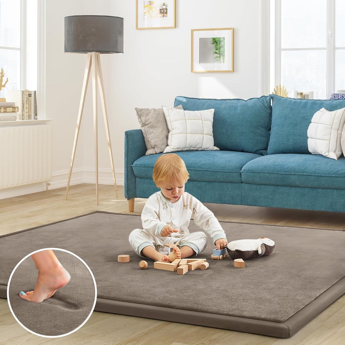 Baby Play Mat for Floor Tummy Time Mat Nursery Muscle Area Rug Playroom Rug Tatami 65"*50" Memory Foam 1.3" Thick Crawling for Babies,Toddlers, Infants, Kids,Floor(Brown)