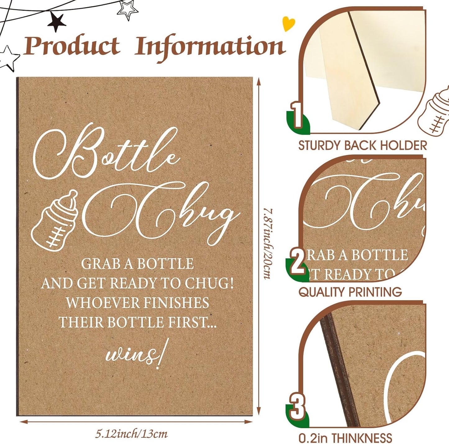 TrelaCo Cool Baby Shower Games Wooden Bottle Chug Sign Rustic Theme Gift Sets and 12 Pcs Baby Bottle Shower Favor for Kraft Games Gender Reveal (Rustic Kraft)