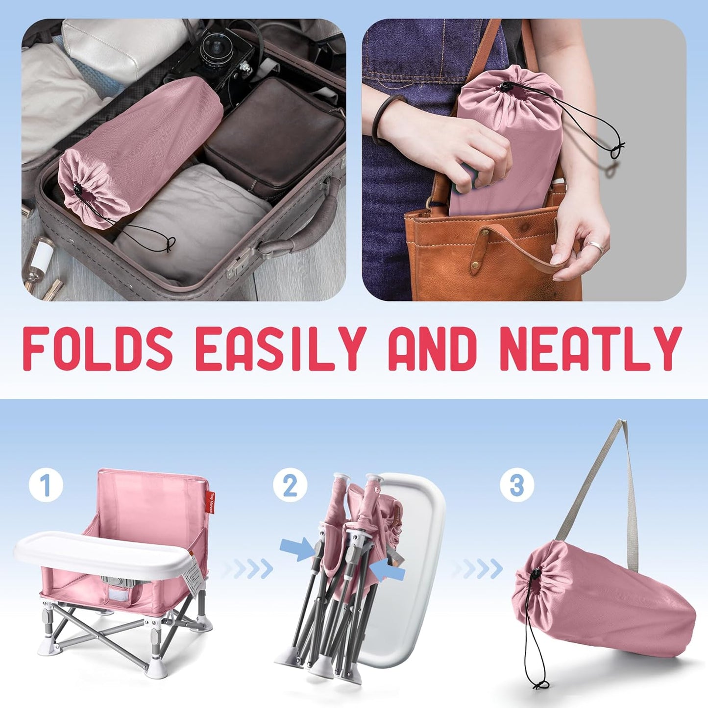 Tiny Marvels Portable 3-in-1 Baby Chair – Cozy Toddler Chair, Baby Seat with Tray, Booster Seat – Compact, Foldable, Safe with Child Safety Belt Carry Bag – Perfect for Travel & Family Time