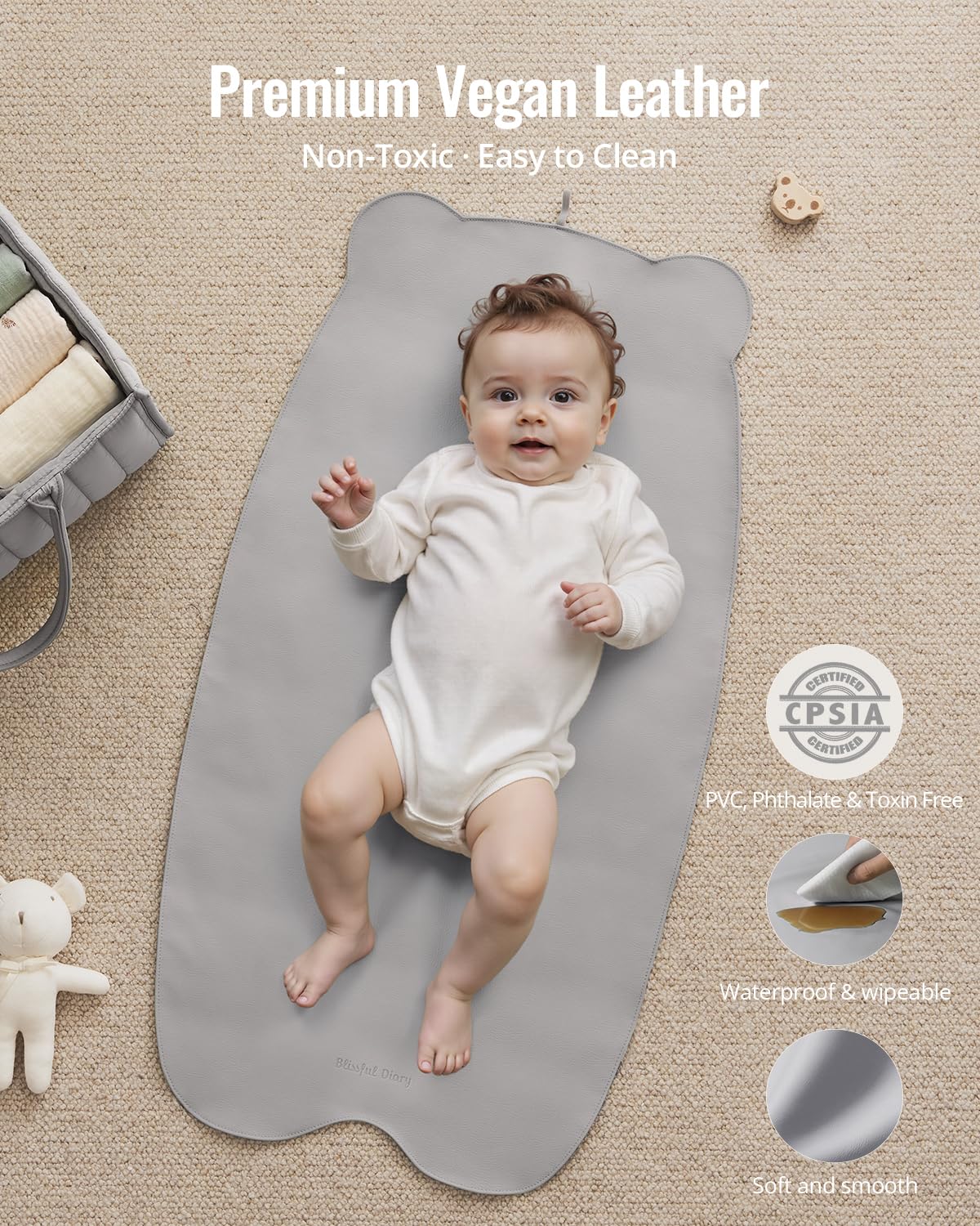 Blissful Diary Vegan Leather Portable Changing Pad, Wipeable & Waterproof Baby Change Mat in Diaper Bag, Travel Essential & Registry Gift, Light Gray