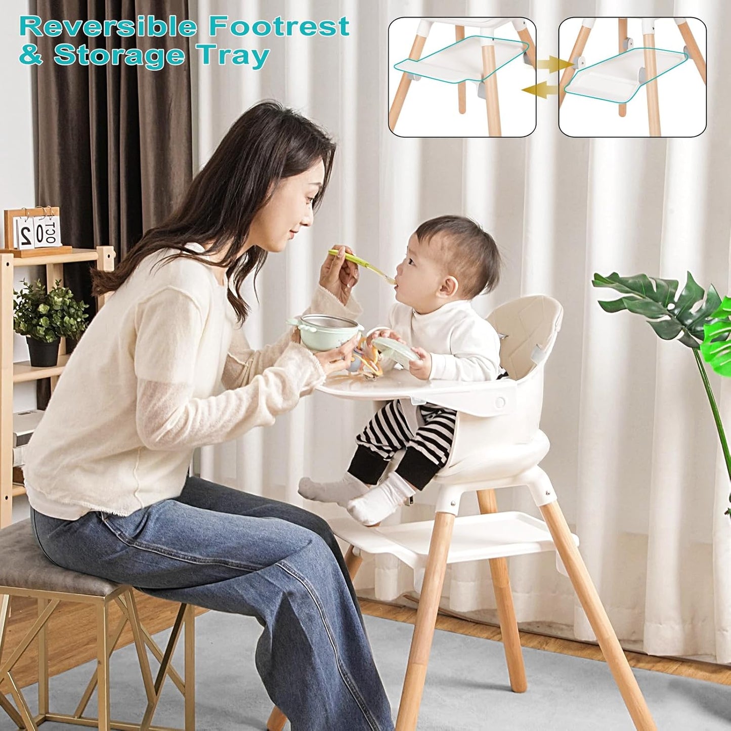 High Chair, 6 in 1 Wooden Convertible High Chairs for Babies and Toddlers, Booster Seat with Double Tray & Reversible Footrest Baby Highchair, 5-Point Harness Baby Feeding Chair, Beige