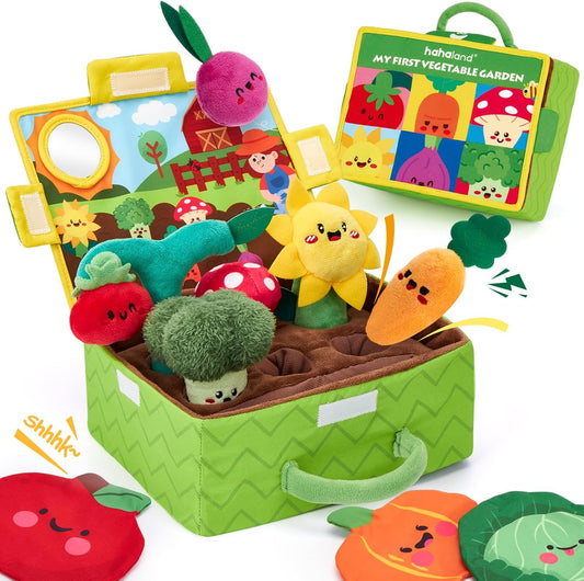 hahaland Baby Toys 6-12 Months - Fruits Vegetables Garden Plant Plush - 6 Month Old Toys Montessori Sensory Toy Carrot Flower with Rattles Mirror Squeaker Textures Crinkle Tissues Christmas Baby Gifts