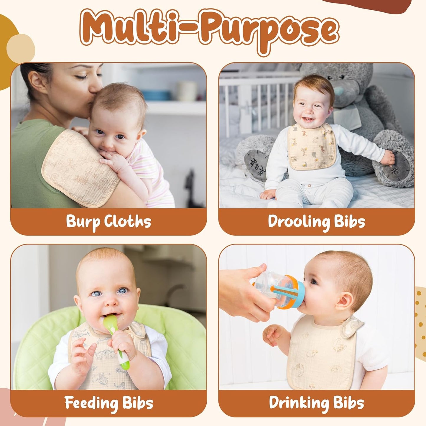 Zainpe 6Pcs Snap Muslin Cotton Baby Bibs Rabbit Bear Sheep Pattern Bandana Drool Cloths Soft Absorbent Adjustable Burp Cloth Feeding Bib for Newborns Girls Boys Toddlers Teething Eating 0 to 36 Months