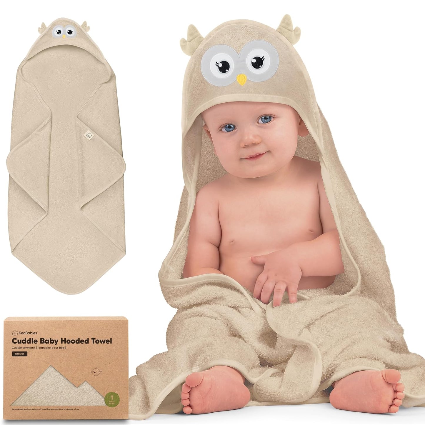 KeaBabies Hooded Baby Towel for Newborn - Viscose Derived from Bamboo Large Baby Bath Towels with Hood for Boys, Girls, Toddler, Extra Absorbent & Soft Newborn Bath Essentials (Owl, Regular)