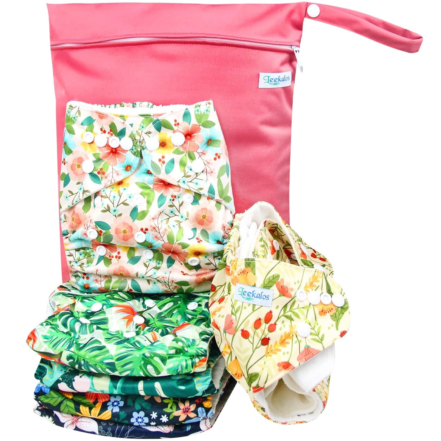 Leekalos Cloth Diapers Reusable for Boys and Girls, Baby Diaper Cloth with Inserts & Wet Bag One Size