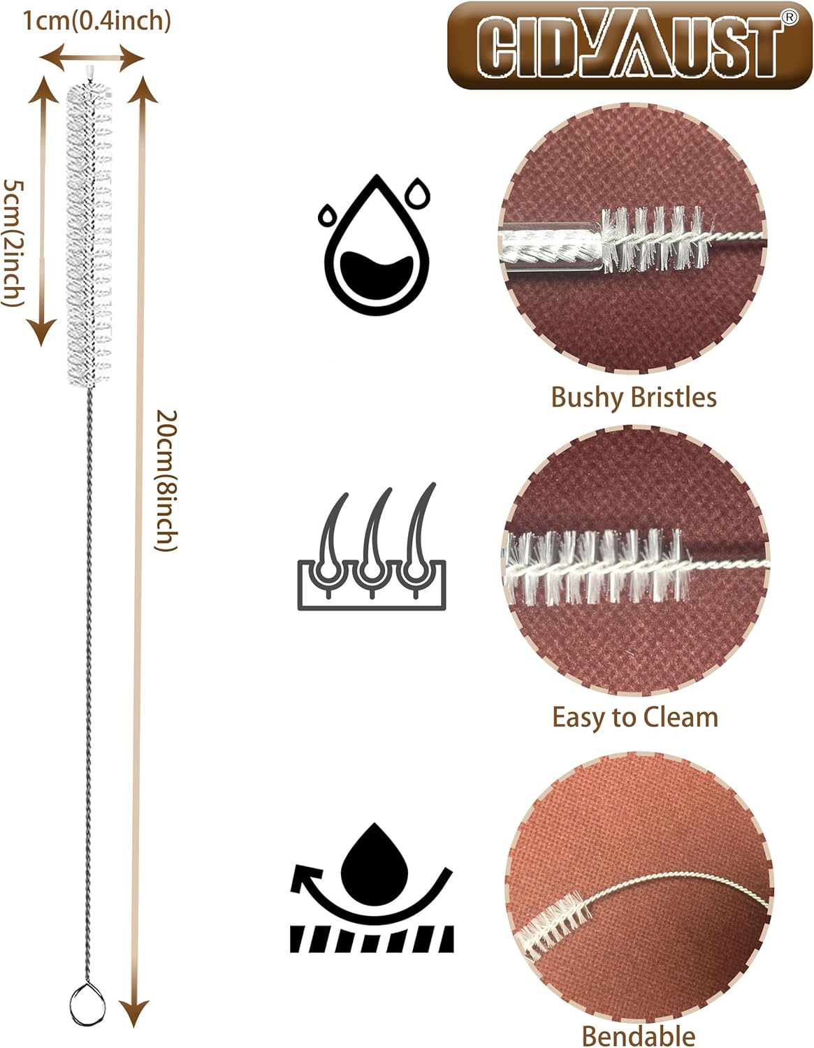 ClDYAUST Straw Cleaner Brush for Stanley Cup, Straw Cleaning Brush by 304 Stainless Steel and Nylon Bristles, Straw Brush for Baby Bottles, Glass/Silicone Straws or Hummingbird Feeders.