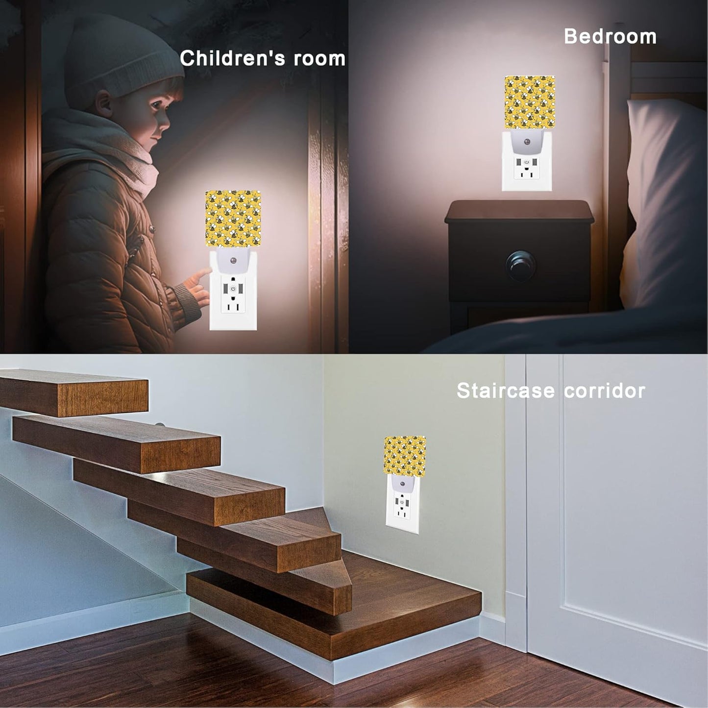 Bee Night Light,Cute Cartoon Bees Plug-in Night Lights with Dusk-to-Dawn Sensor for Bedroom, Bathroom and Living Room Sleep Friendly lamp for Women/Girls/Boys Gift,0.5W