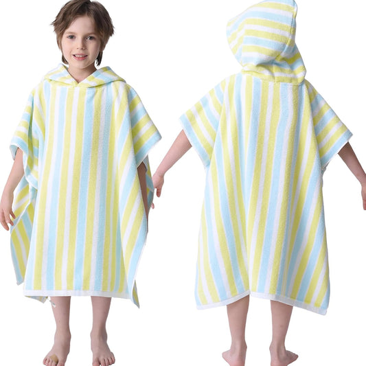 VOOVA & MOVAS Toddler Towels for Boys - 100% Cotton (3-10Years) - Quick Dry Absorbent Lightweigh Hooded Wrap Towel for Pool | Swim | Beach | Bath, Yellow Blue Stripe