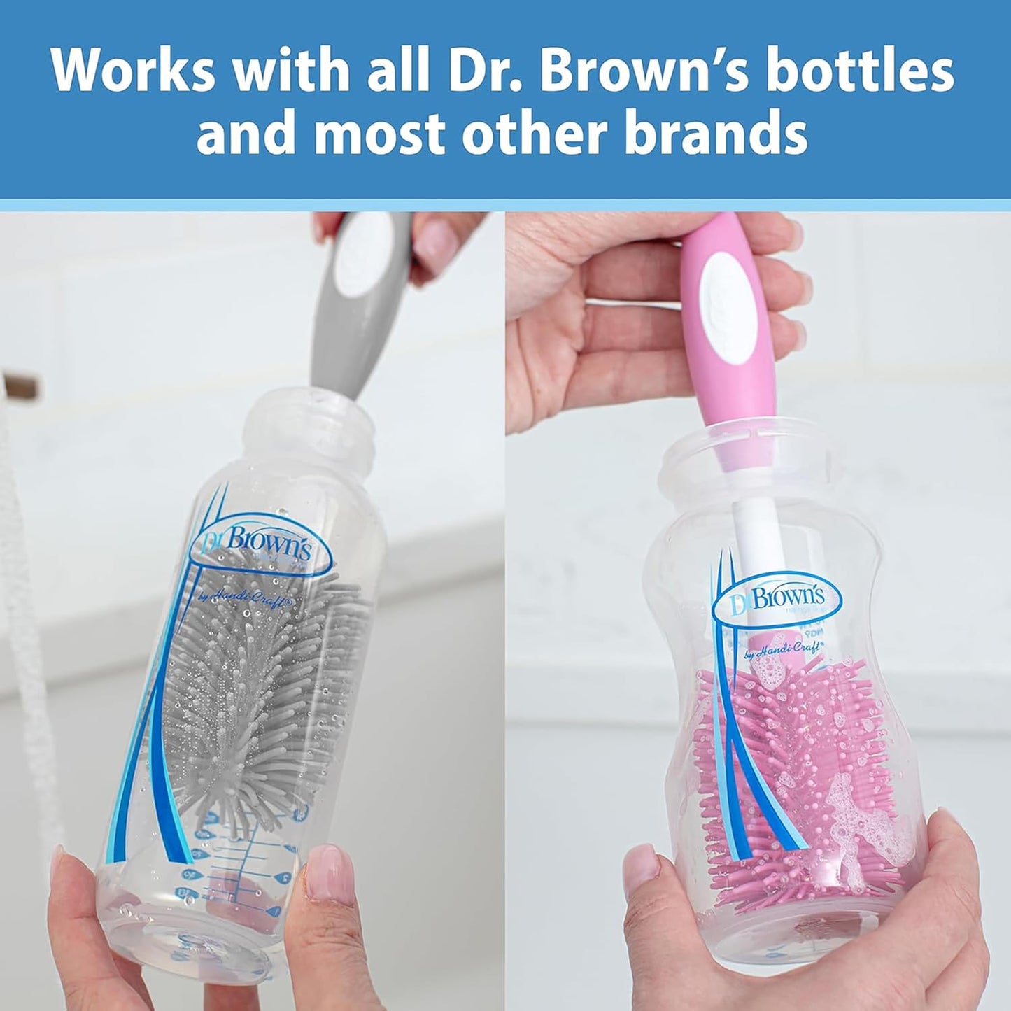 Dr. Brown's Soft Touch No Scratch Baby Bottle Cleaning Brush, Nipple Cleaner and Suction Cup Base for Easy Storage, BPA Free, Blue, 24 Pack