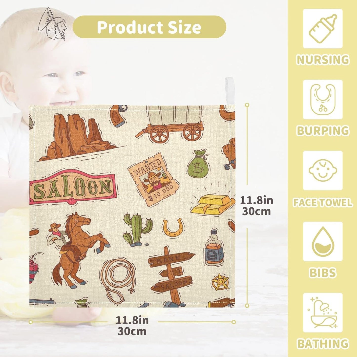 Cowboy Sheriff Baby Burp Cloths for Boys Girls, 3 Pack Wild West Western Baby Muslin Washcloths Newborn Face Bath Towel Soft Absorbent Cotton Wash Cloth Baby Registry, 12 x 12 Inch