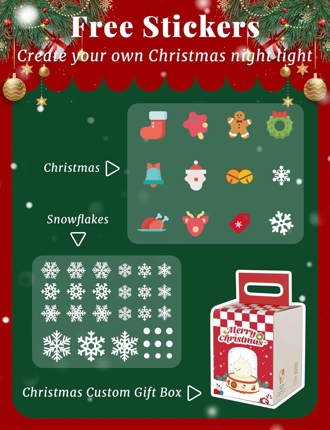Christmas Night Light Music Box for Kids, Cute White Noise Machine Gift, Dimming, Rechargeable Portable Small Table Lamp, Best Idea for Christmas Gift Decoration