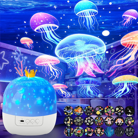 21 Sets of Films Ocean Night Light Projector, Kids Projector for Bedroom，Stars Projector for Ceiling, 360 Degree Rotation Jellyfish Kids Night Light for Decorating Birthdays,Christmas Gifts