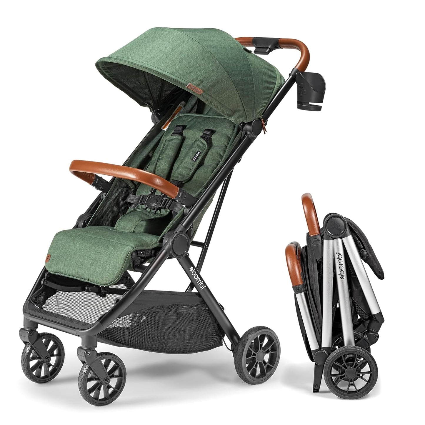 Bombi Bēbee V2 Lightweight Baby Stroller - Premium Vegan Leather, One-Hand Fold, Infinite Recline, Aircraft-Grade Aluminum Frame, XXL Canopy, and Ample Storage Umbrella Stroller - Hunter Green